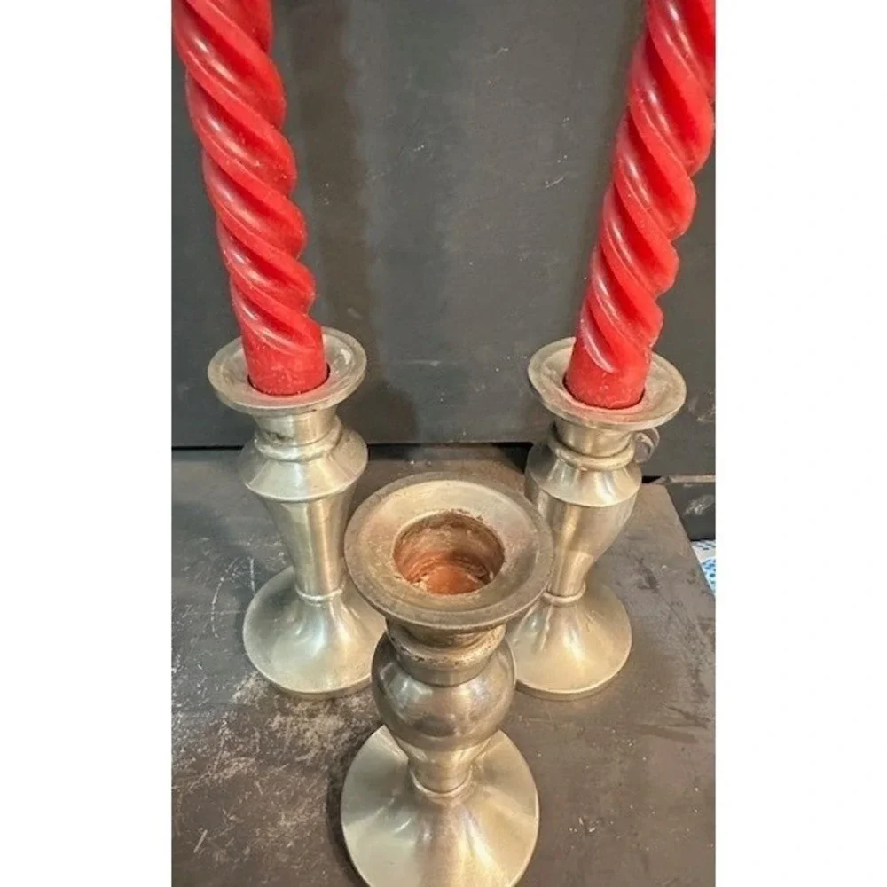 Restoration Hardware Silver Metal Candlestick Holders‎ Set of 3 with Red Candles